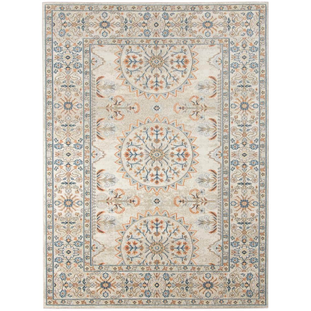 Boho Chic Beige & Orange Floral Polypropylene Area Rug 8'9" x 11'9"