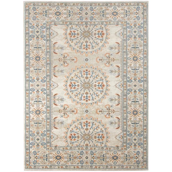 Bohemian 9x12 Area Rug Beige Polypropylene Rectangle Low Pile Bordered Pattern Rugs for Living Room Dining Room Bedroom