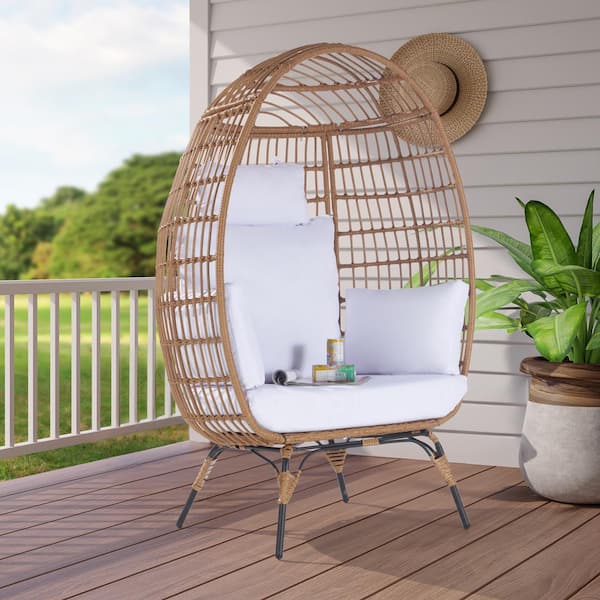SANSTAR Wicker Egg Chair Outdoor Lounge Chair Basket Chair with White Cushion