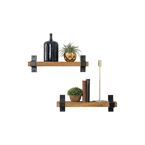 Intrinsic Haven Industrial Wrap 20 in. W x 6 in. D Light Brown Pine Wood Set of 2-Decorative Wall Shelf with Brackets