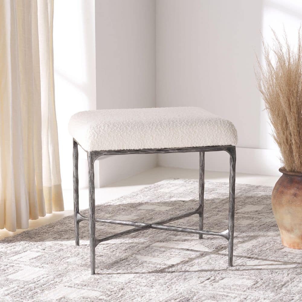 Mandy Ivory/Black Polyester Boucle Rectangle Accent Small Ottoman