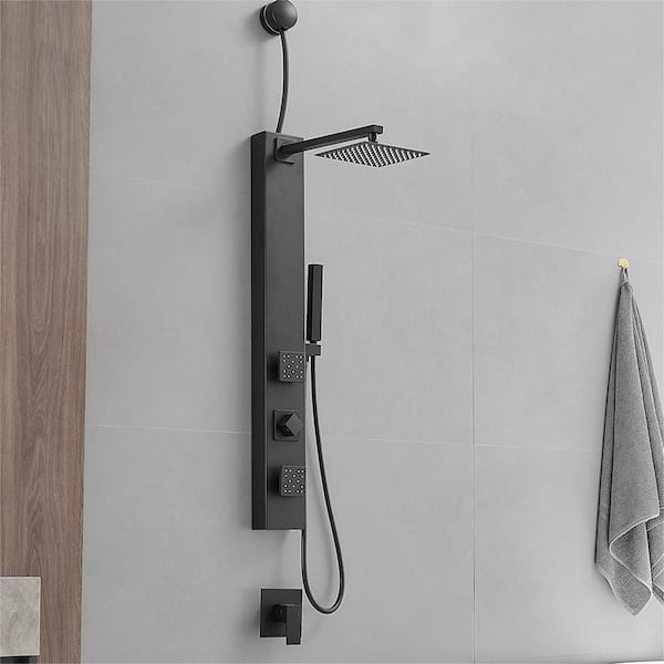 BWE 2-Jet Shower Tower Shower Panel System with Adjustable Square Raninfall Shower Head and Hand Shower Wand in Matte Black