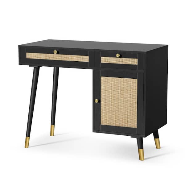 Aupodin Farmhouse Rattan 39.4 in. Retangular Black/Gold Wood