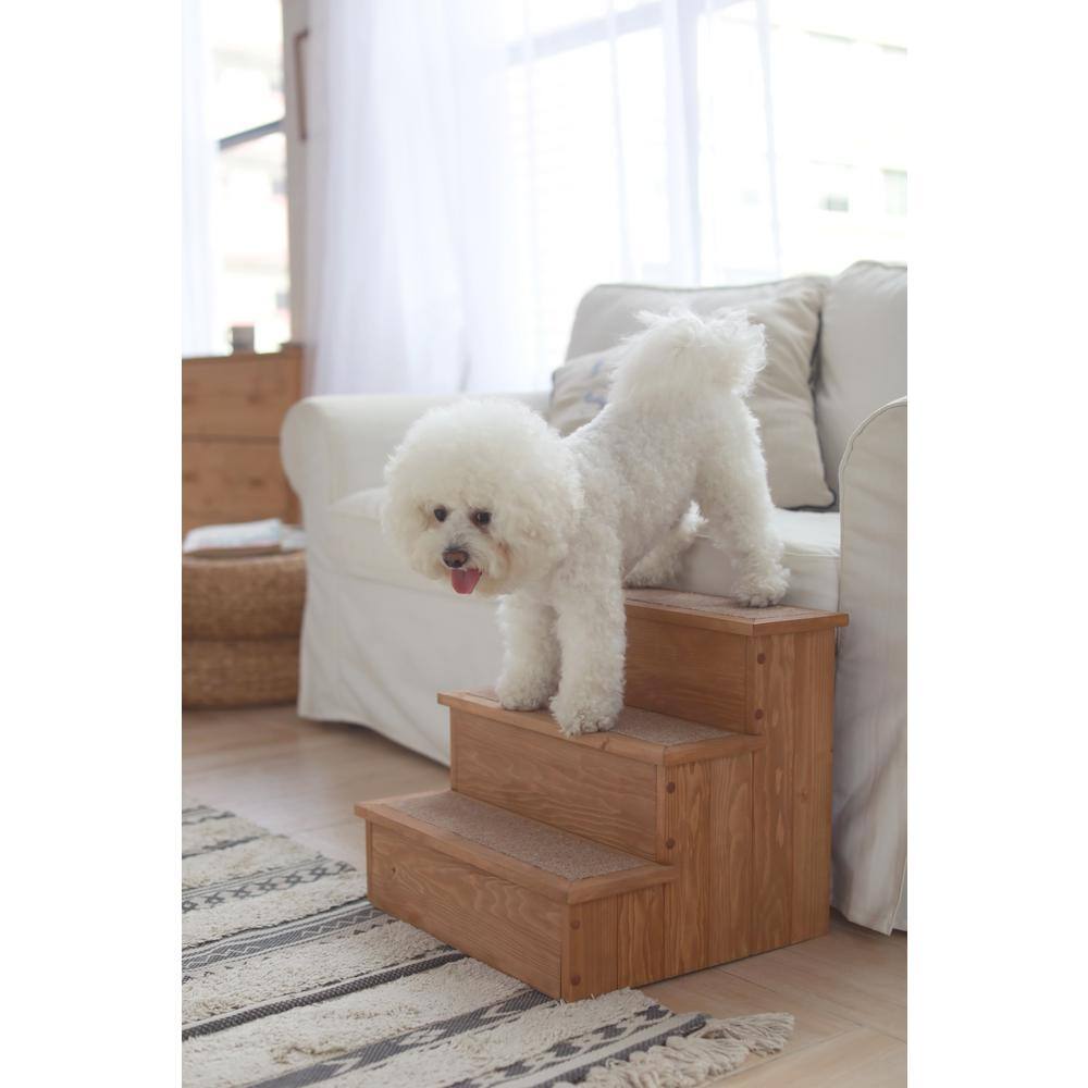 Natural Wood Pet Step with Storage and Carpeted Pads