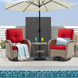 3-Pcs Light Brown Wicker Outdoor Rocking Chair Patio Conversation Set Swivel Chairs with Red Cushions and Table