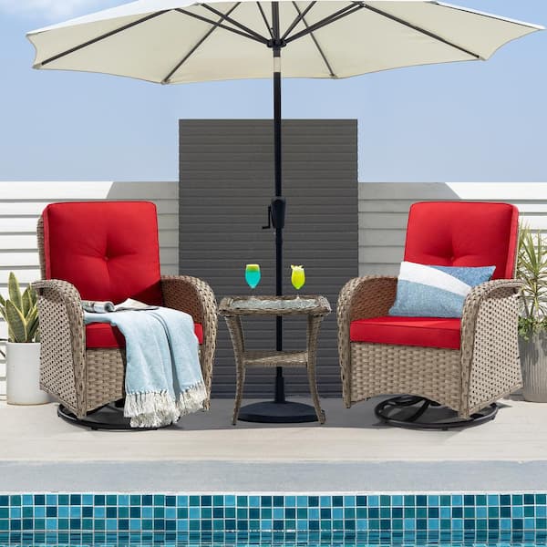Gardenbee 3-Pcs Light Brown Wicker Outdoor Rocking Chair Patio Conversation Set Swivel Chairs with Red Cushions and Table