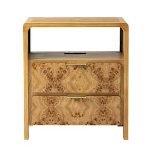 Natural Wood 2 Drawer Nightstand With Charging Station