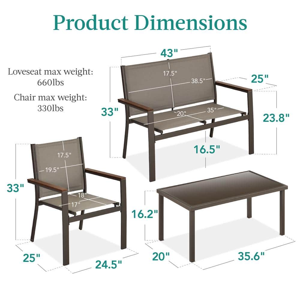 4-Piece Brown Steel Patio Conversation Set with Coffee Table