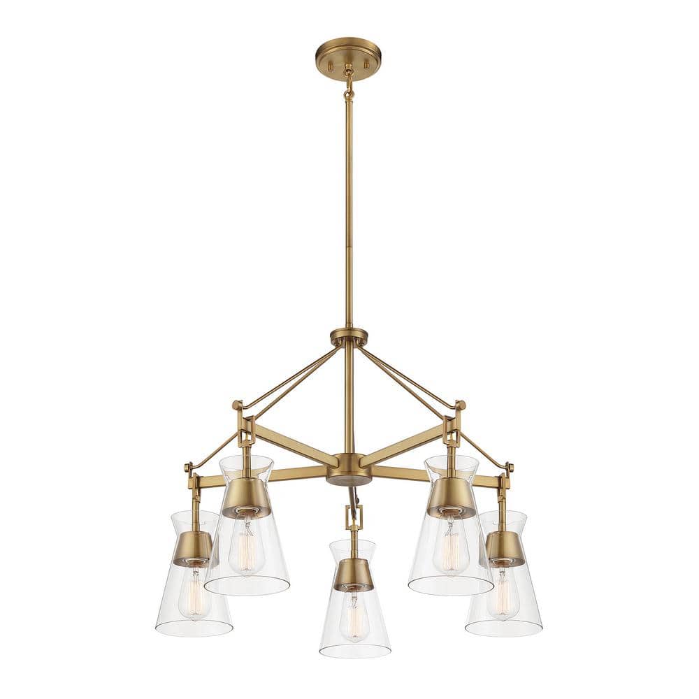 Lakewood 28" Warm Brass 5-Light Chandelier with Clear Glass Shades
