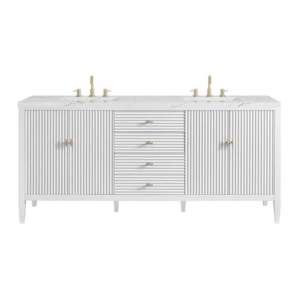 James Martin Vanities Myrrin 72.0 in. W x 23.5 in. D x 34.06 in. H Bathroom Vanity in Bright White with Ethereal Noctis Silestone Quartz Top