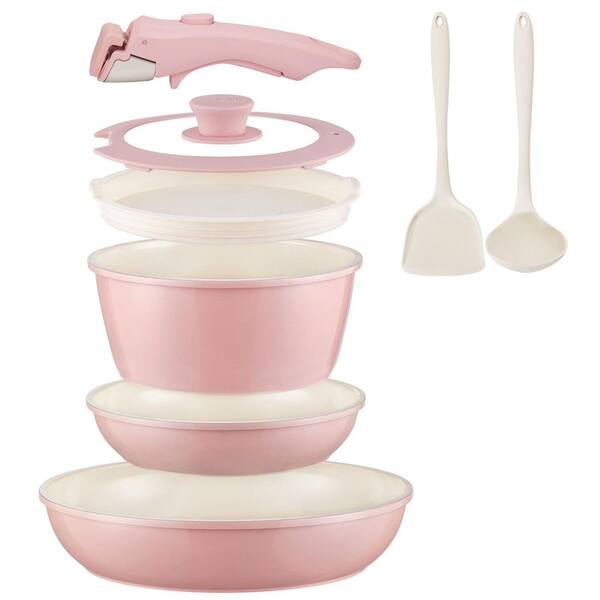 8 Piece Ceramic Cookware Set Non Stick Detachable Handle with Frying Pans, Oven Dishwasher Safe in Pink