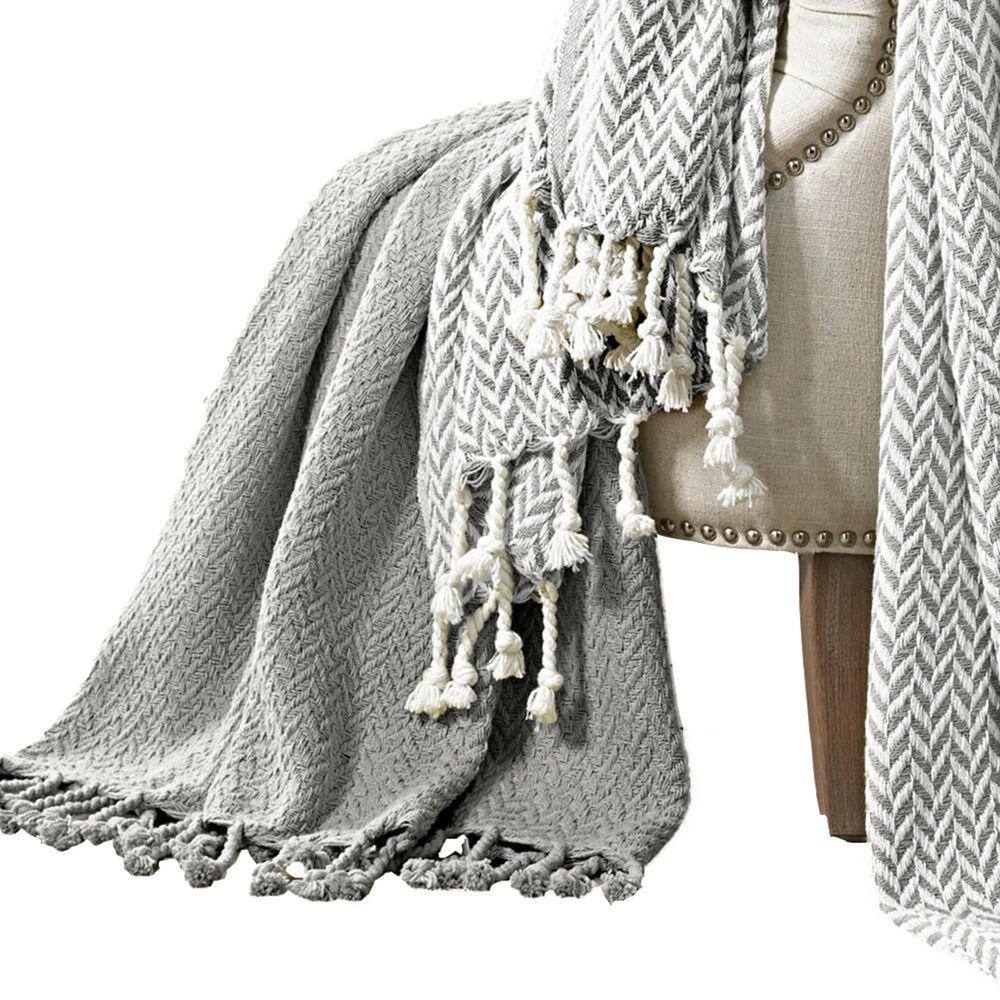 Gray and White Herringbone Cotton Throw Blanket Set