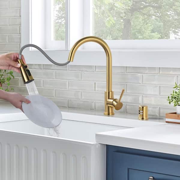 Single Handle Pull Down Sprayer Kitchen Faucet with 3-Mode Sprayer and Air Gap Kit in Gold
