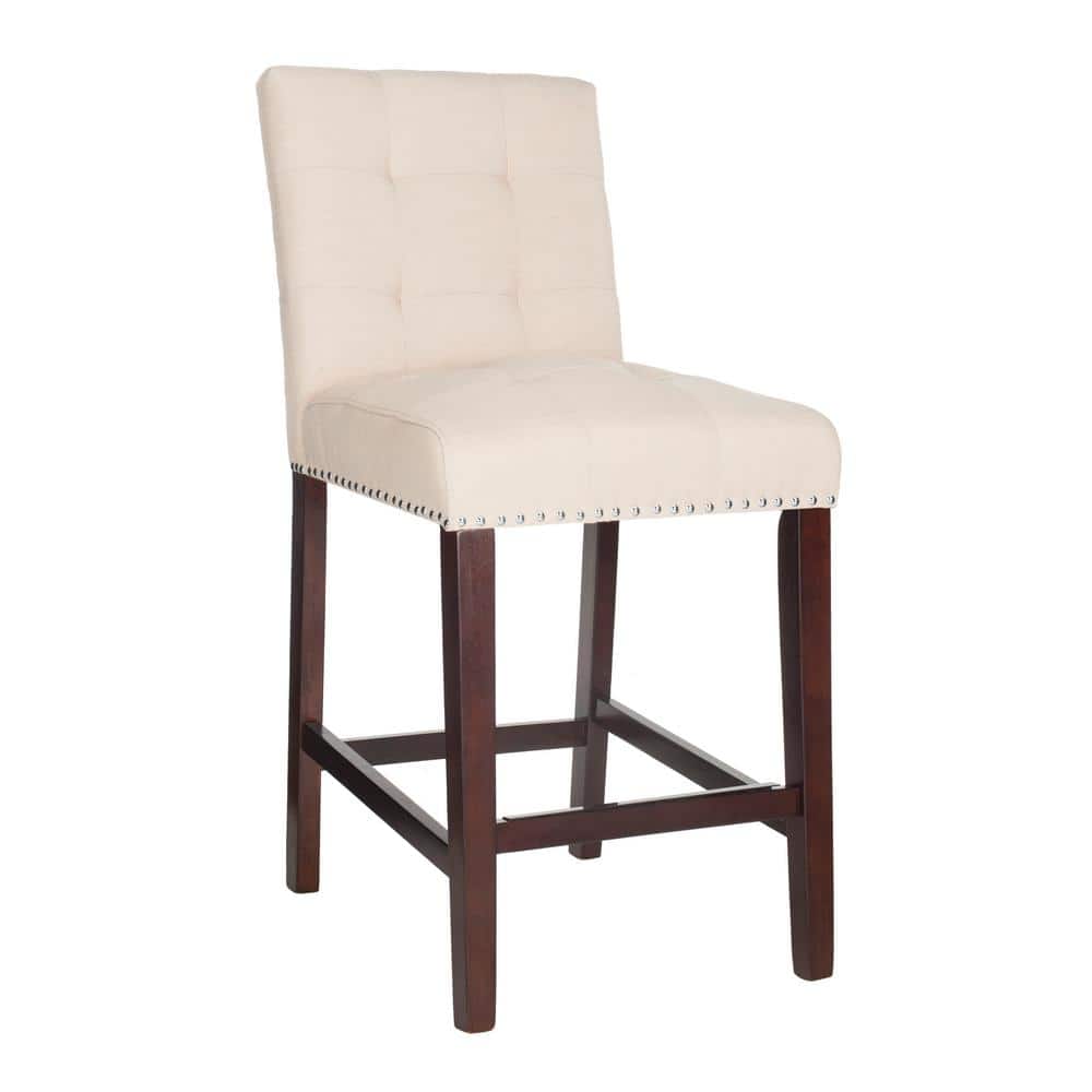 Beige Tufted Linen Transitional Counter Stool with Chrome Accents, Set of 2