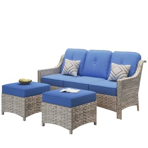 Eureka Grey 3-Piece Modern Wicker Outdoor Patio Conversation Sofa Seating Set with Navy Blue Cushions