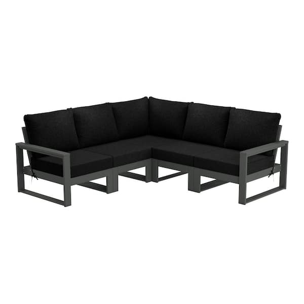 Endless Gray Frame 5-Piece HDPE Plastic Outdoor Patio Modular Sectional Set with Black Cushions
