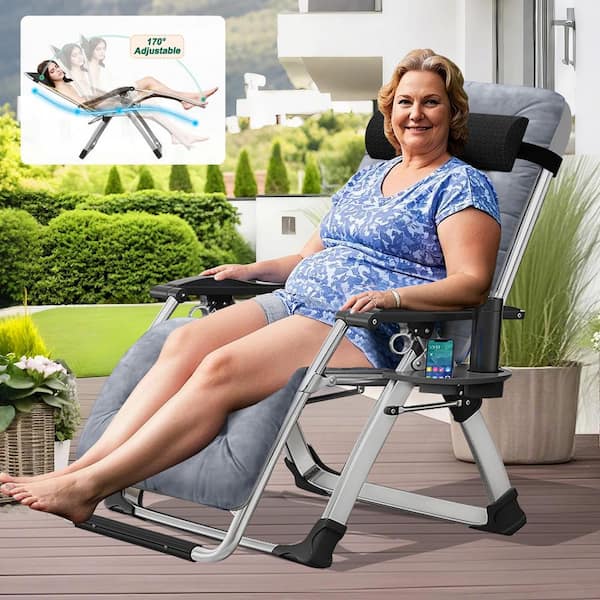 Zero Gravity Chair Silver Metal Folding Portable Lawn Recliner 440 lbs. Outdoor Lounge Chair with Adjustable Headrest