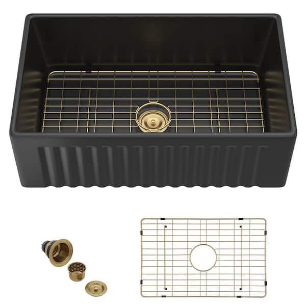 30 in. Black Fireclay Farmhouse Kitchen Sink, Reversible Apron Front Ceramic Single Bowl with Grid and Drain