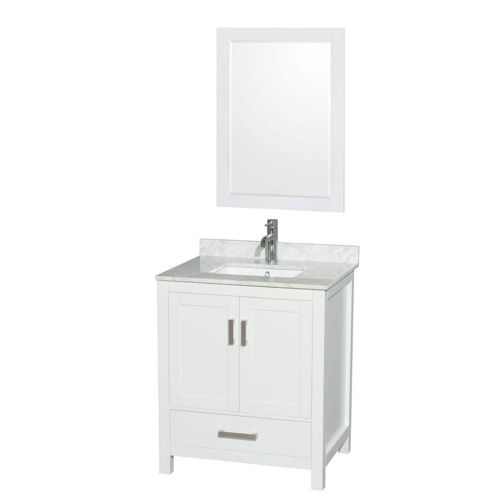 Sheffield 30 in. W x 22 in. D x 35.25 in. H Single Bath Vanity in White with White Carrara Marble Top and 24"" Mirror -  Wyndham Collection, 700161157376