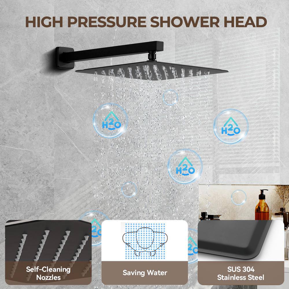 Matte Black 12" Dual Square Wall Mounted Shower System with Body Jets