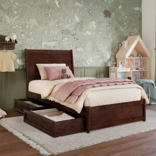 Casanova Walnut Brown Solid Wood Frame Twin Platform Bed with Panel Footboard and Storage Drawers