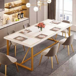 Delilah Modern White and Gold Wood 71 in. Trestle Dining Table Rectangle Kitchen Table Seats 6