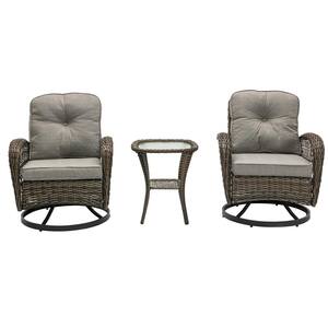 3-Pieces Wicker Patio Conversation Set with Grey Cushions