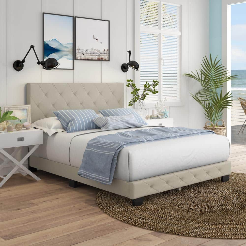 Chloe Gray Linen Upholstered Platform Bed Frame with Tufted Headboard