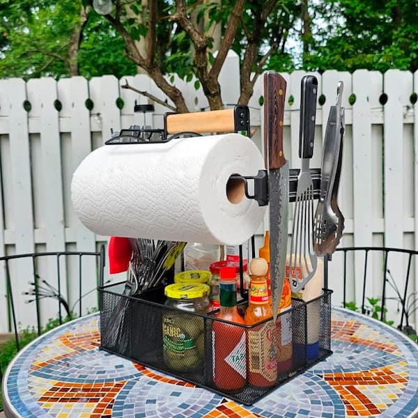 Condiment Storage Caddy with Paper Holder and Magnetic Tool Holder for Outdoor Grill, RV Camper, Tailgate Accessories