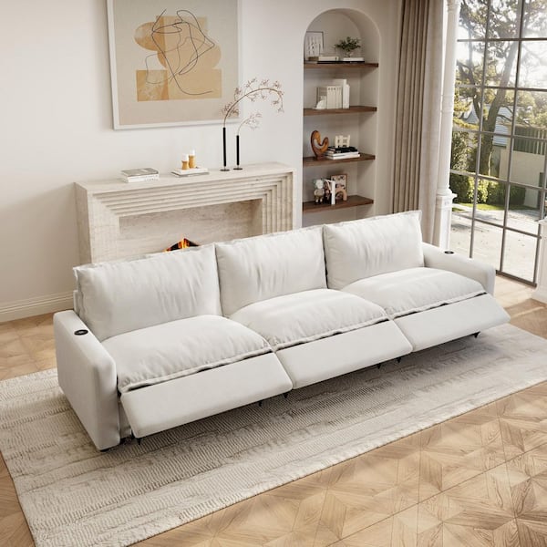 Power Recliner Couch, 116 in. Square Arm 3-Piece Linen Modular Motion Sectional Sofa with Heating, USB Ports in Beige
