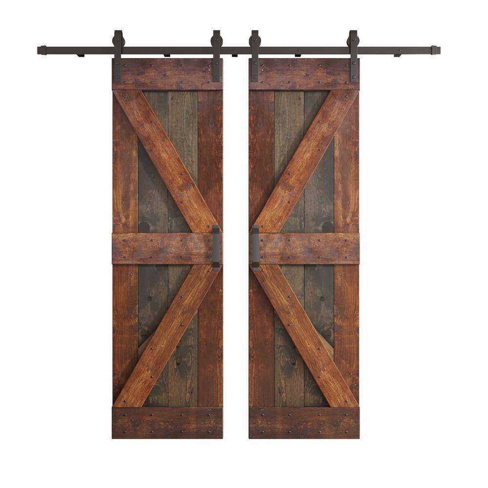 Aged Barrel Dark Walnut Pine Double Sliding Barn Door with Hardware Kit