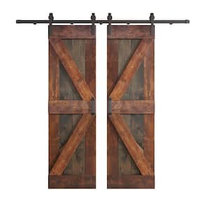 K Series 60 in. x 84 in. Aged Barrel/Dark Walnut Knotty Pine Wood Double Sliding Barn Door with Hardware Kit