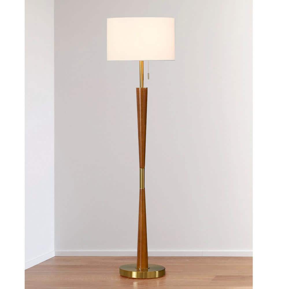 Century 61" Antique Brass and Wood Floor Lamp with White Linen Shade