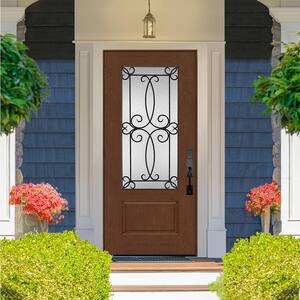 Regency 36 in. x 80 in. 3/4-Lite Georgian Decorative Glass RHOS Chestnut Mahogany Fiberglass Prehung Front Door