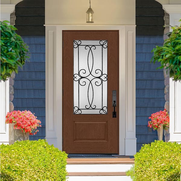 Regency 36 in. x 80 in. 3/4-Lite Georgian Decorative Glass RHOS Chestnut Mahogany Fiberglass Prehung Front Door