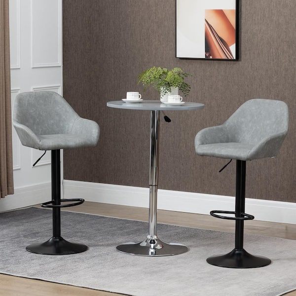 HOMCOM 41.75 in. Grey High Back Metal Frame Adjustable Bar Stools with PU leather seat (Set of 2)