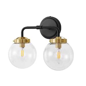 14.17 in. 2-Light Black and Gold Bathroom Vanity Light with Clear Glass Shades, Bulb not Included