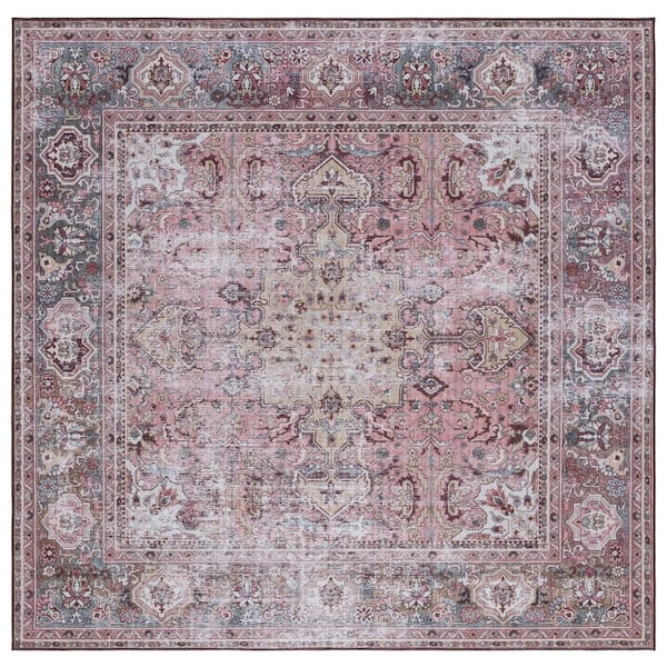 SAFAVIEH Tucson Pink/Beige 6 ft. x 6 ft. Machine Washable Medallion Floral Border Distressed Square Area Rug