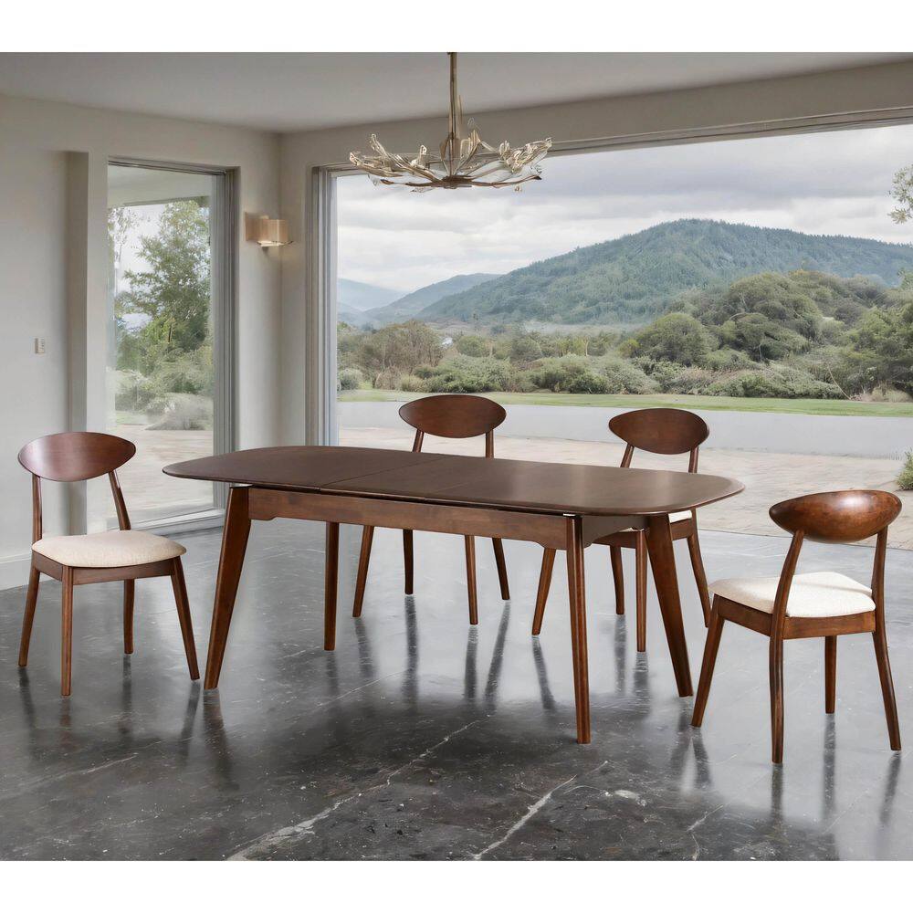 Shira 5-Piece Mid Century Rectangle Rich Walnut Wood Top Dining Room Set (Seats 4) With Self Storing Leaf