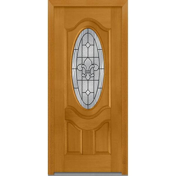 MMI Door 36 in. x 80 in. Carrollton Left-Hand Inswing 3/4 Oval Decorative 2-Panel Stained Fiberglass Mahogany Prehung Front Door