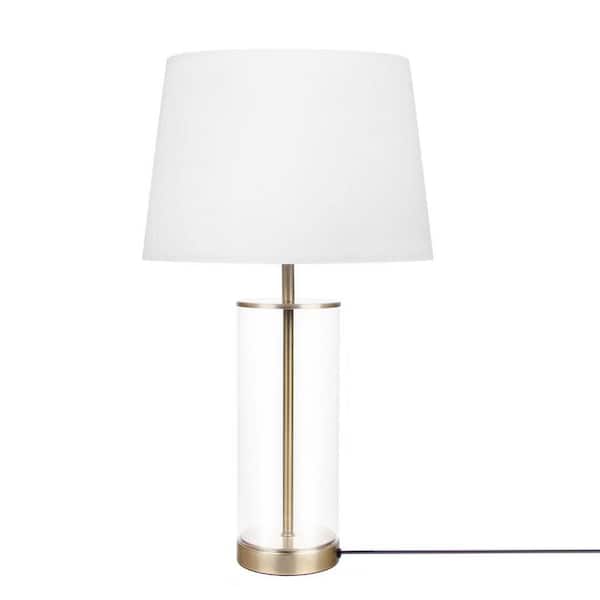 HomeRoots 22.8 in. White Modern Integrated LED Bedside Table Lamp with White Fabric Shade and USB Port