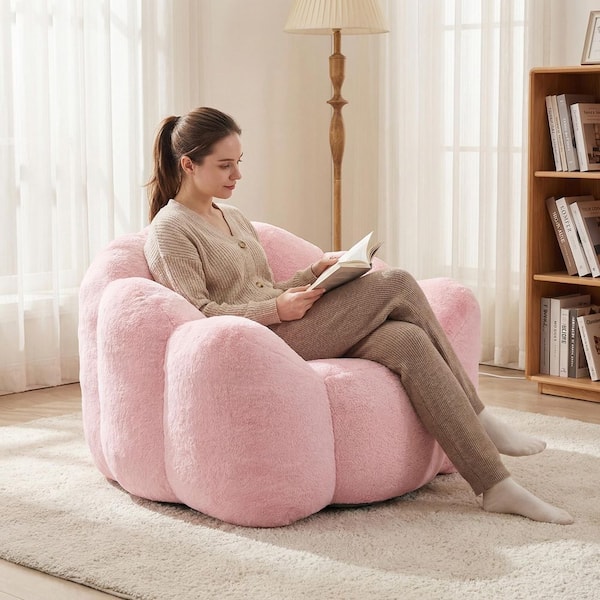MiniEpic 43.7 in. W Pink Faux Fur Medium Bean Bag for Living Room