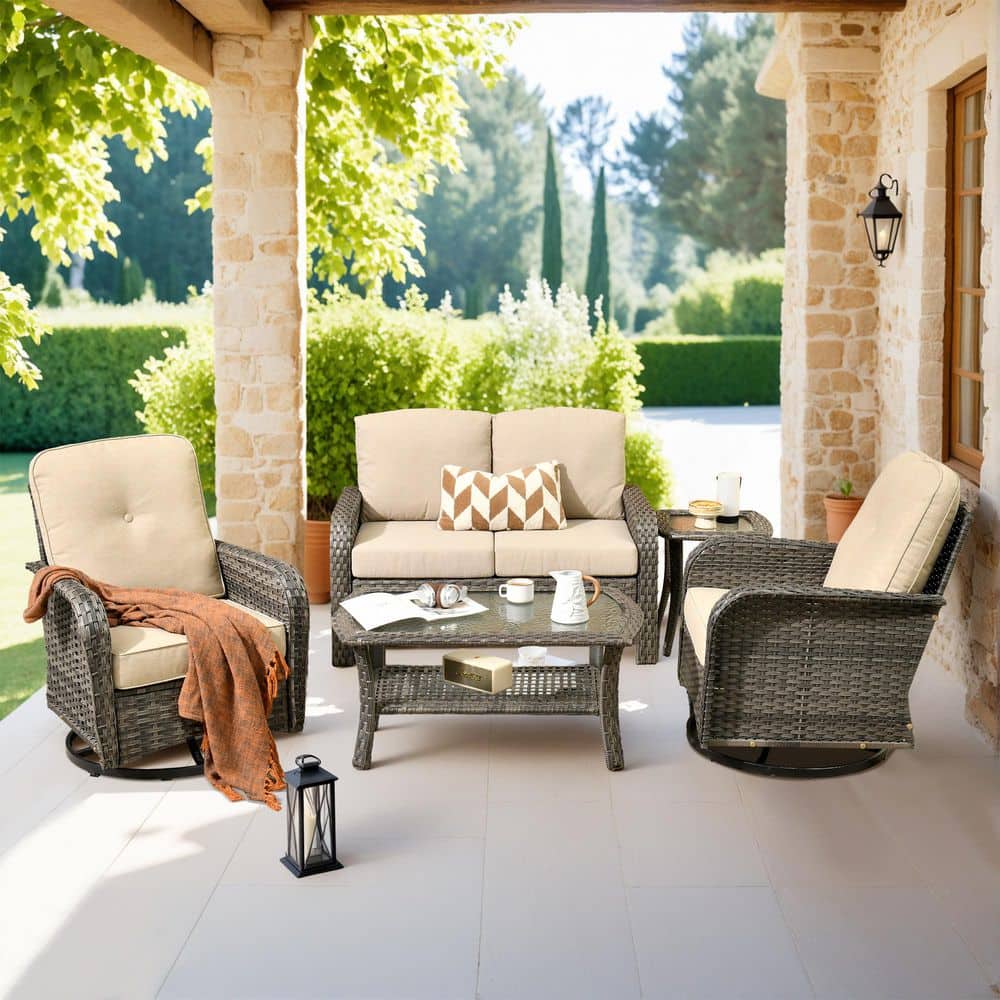 Perpetual 5 Pieces Wicker Outdoor Patio and Swivel Rocking Chairs with Beige Cushions price history on PriceWatchPro