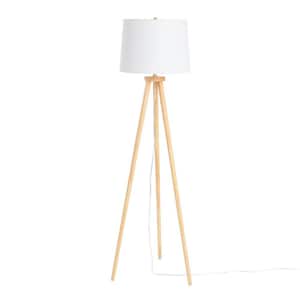 63.5 in. H Mid Century Modern Tripod Wood Floor Lamp with Linen Shade, Natural and Cream
