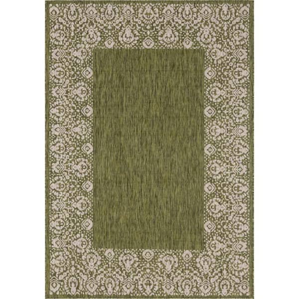 Unique Loom Outdoor Floral Border Green 7 ft. x 10 ft. Area Rug