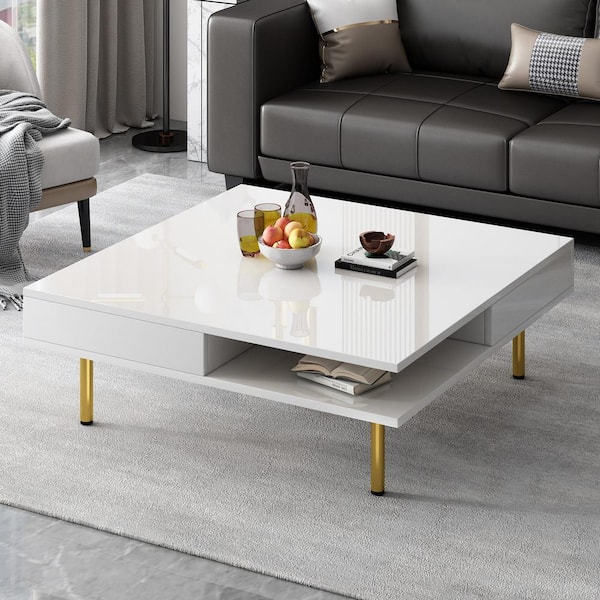 Zeus & Ruta Exquisite High Gloss 2-Tier White Square Coffee Table with 4 Golden Legs, 2 Small Drawers for Living Room
