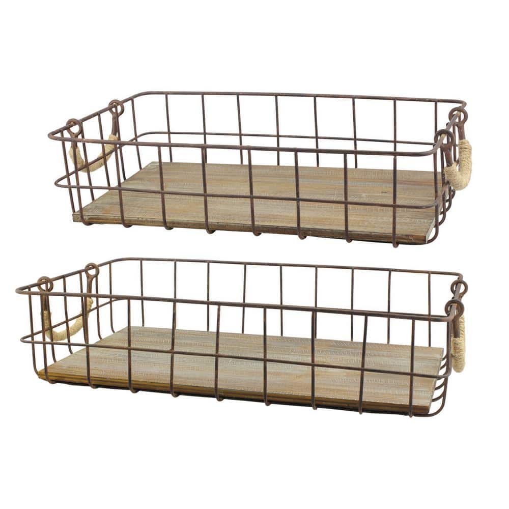 Rustic Woodgrain and Distressed Metal Rectangular Basket Duo