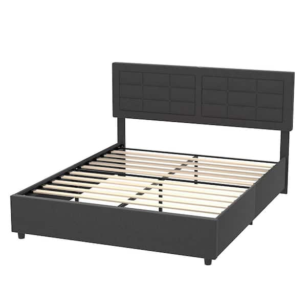 Upholstered Bed Frame Gray Metal Frame Queen Platform Bed with USB and Type C Ports, Heavy-Duty Wood Slats