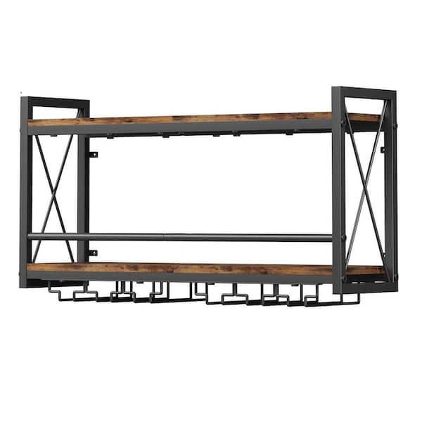 17.12 in. H x 31.5 in. W, 6-Bottle Black Wood-Metal Wall Mounted Wine Rack w/ Glass Holder for Kitchen Dining Room Brown