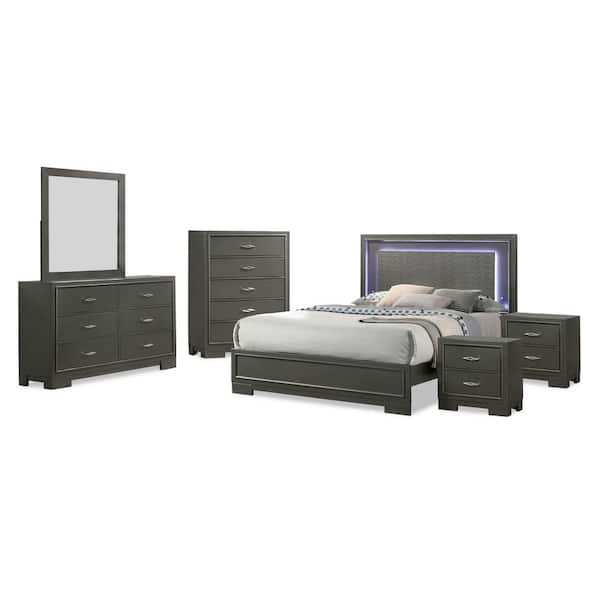 Furniture of America Jonvang 6-Piece LED Headboard Metallic Gray Wood Cal. King Bedroom Set